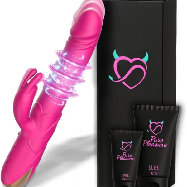 Pink thrusting rabbit vibrator beside its PurePleasure gift box and 30ml water-based lubricant