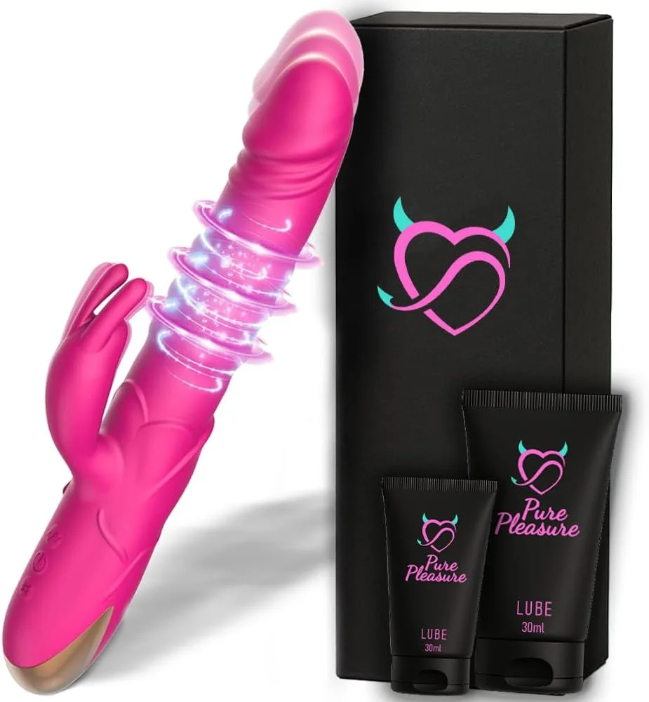 Pink thrusting rabbit vibrator beside its PurePleasure gift box and 30ml water-based lubricant