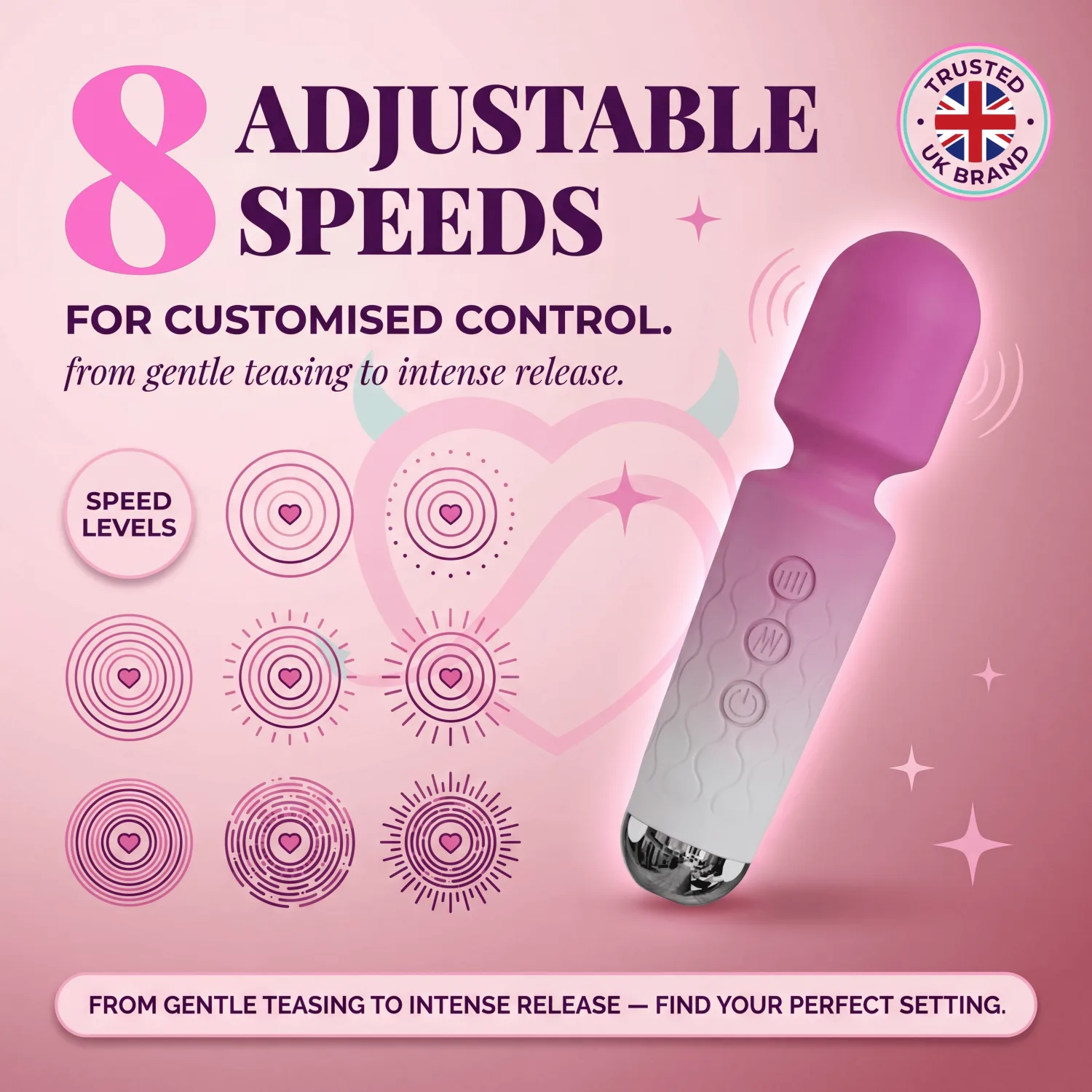 Pink wand vibrator with its eight adjustable speed levels