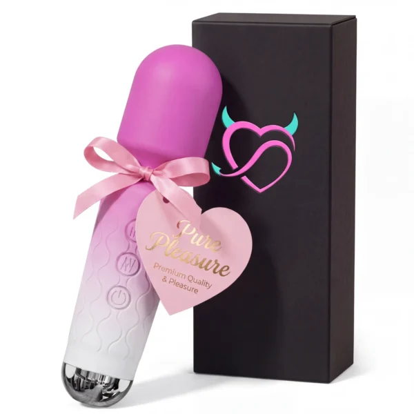 PurePleasure wand vibrator in pink ombré silicone beside its black gift box with a heart-shaped tag